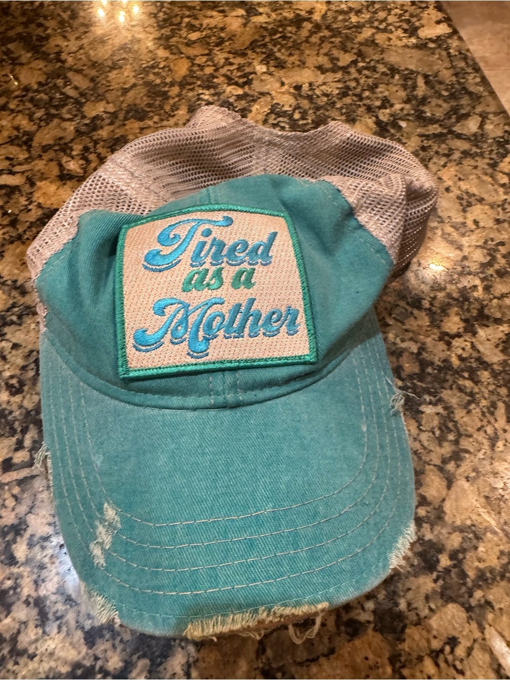 Judith March Teal 'Tired as a Mother' Patch Mesh Baseball Hat